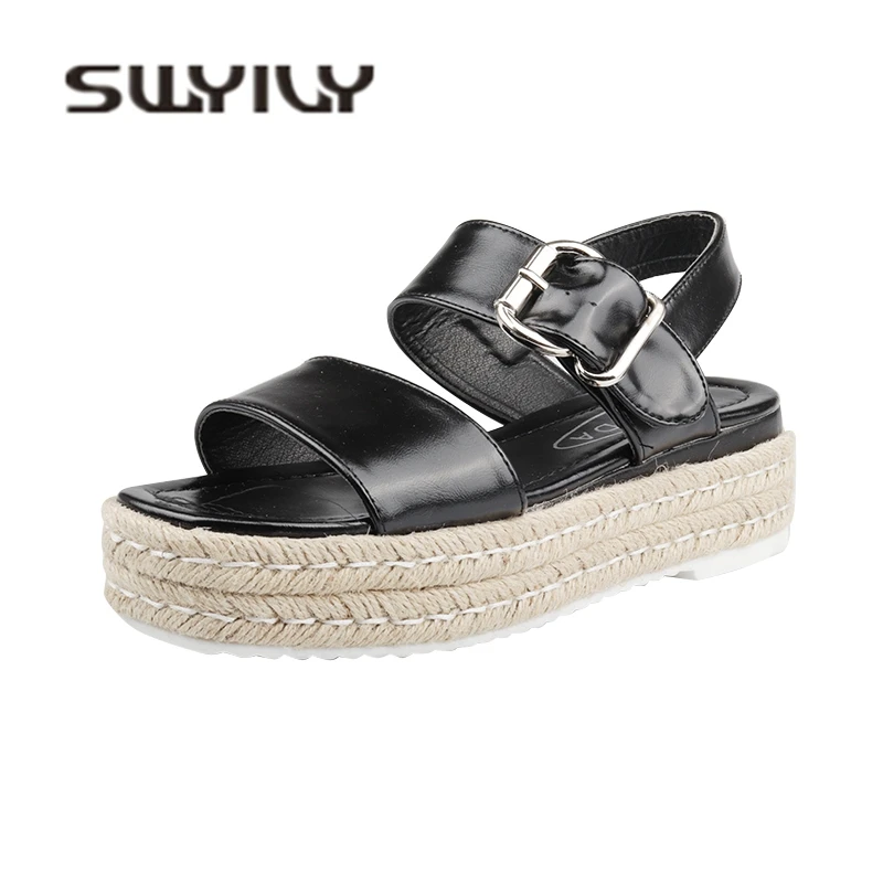 SWYIVY Lady Sandals Hemp Sole Platform Rome 2018 Mery Janes Woman Fashion Shoes Summer Fish Mouth Sandals Woman Comfortable