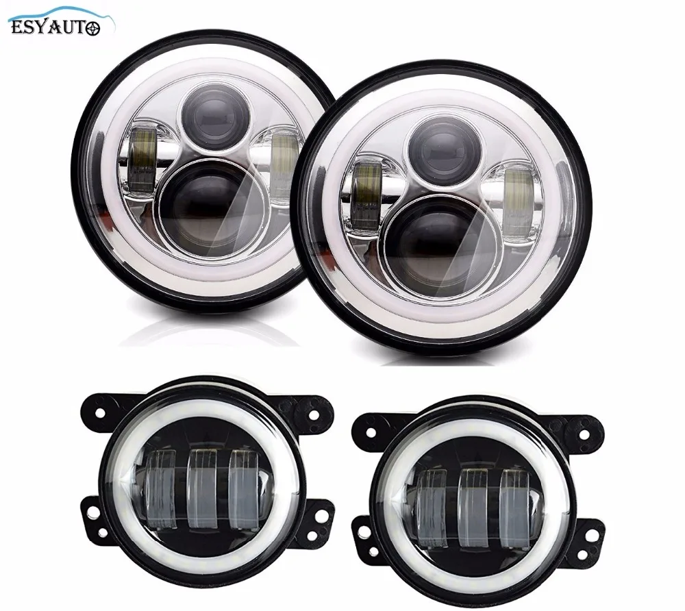 4 inch Fog Lights Projector LED Auxiliary Lamp + 7 inch Headlights Angel eyes Halo Ring White