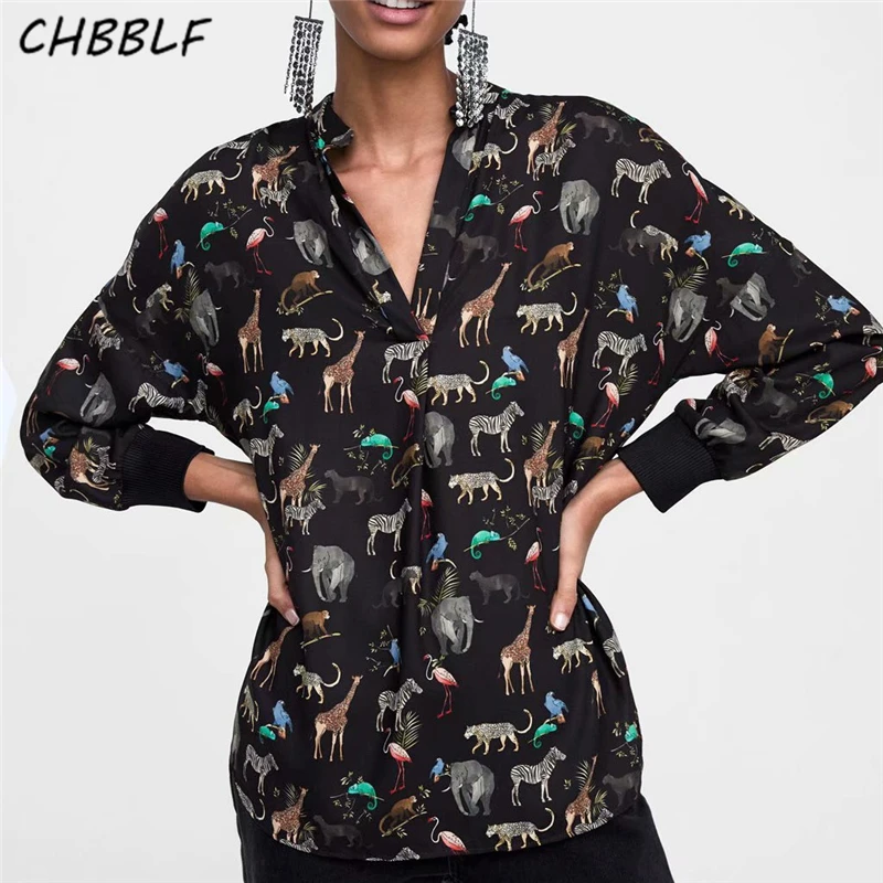 

CHBBLF women animal pattern print loose blouse V neck long sleeve side split shirts retro irregular tops blusas mujer C8707