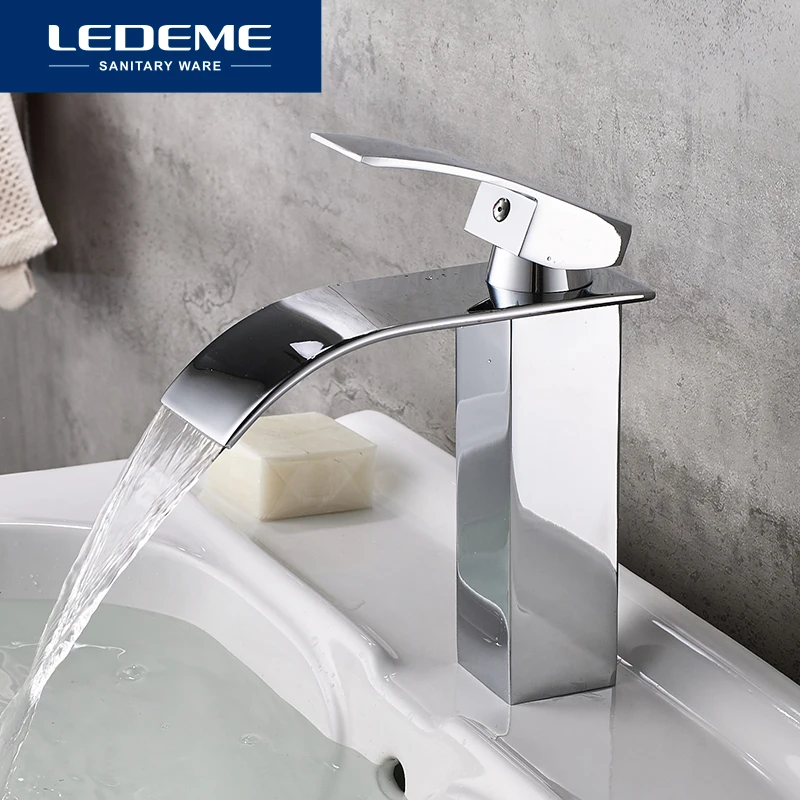 

LEDEME New Brass Basin Faucet Flat Waterfall Design Deck Mounted Single Holder Single Hole Bath Basin Faucets Bathroom Mixer Tap