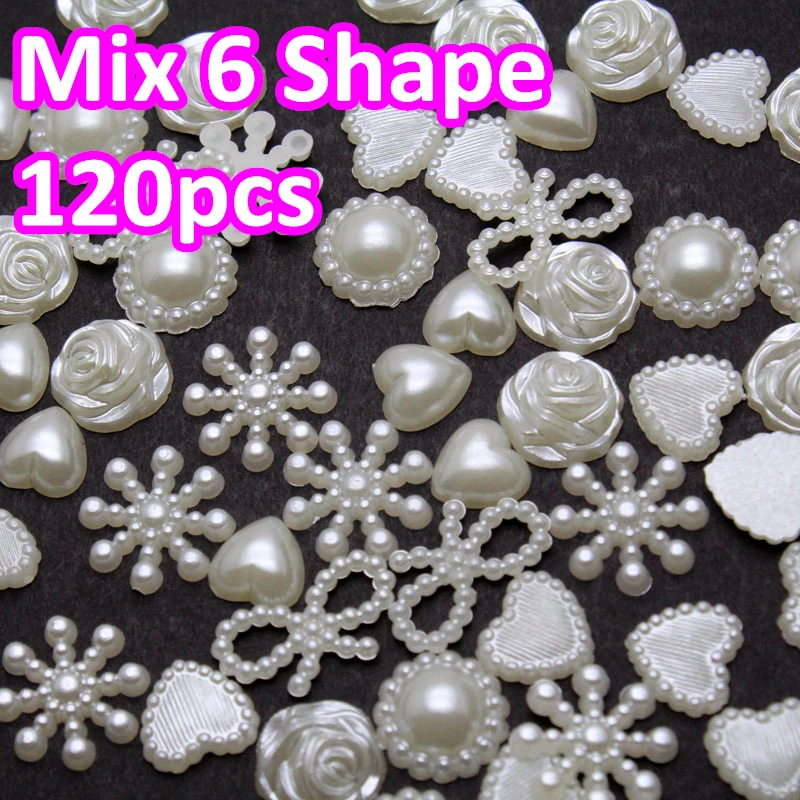 

Mix 6 Shape 120pcs ABS Imitation beige Flower Half Round Pearls Rhinestone Flatback Beads For DIY Nail Art Stikcer Decoration