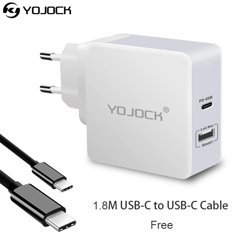 

Yojock 45w USB Type C PD Charger Portable Power Delivery QC3.0 Wall Charger for Nintendo Swith Xiaomi Huawei w/ 2m Black Cable