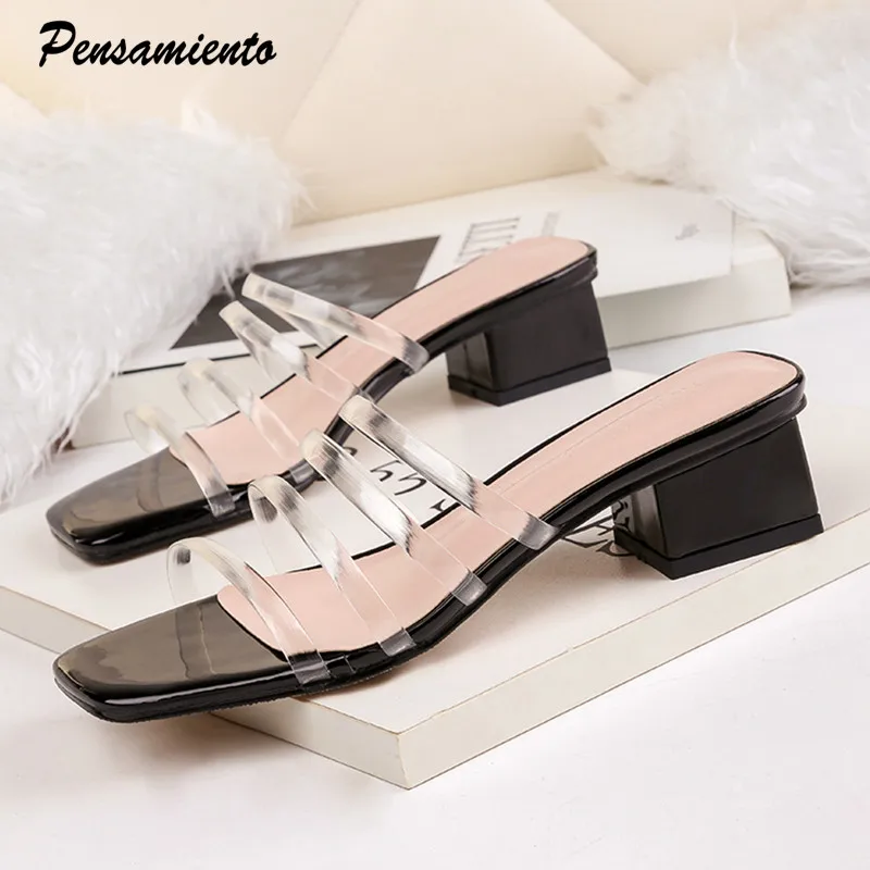 

2019 Brand Woman Transparent Narrow band Design Slippers Outdoor Square heeled Casual Slides Fashion Summer Ladies Sandals shoes