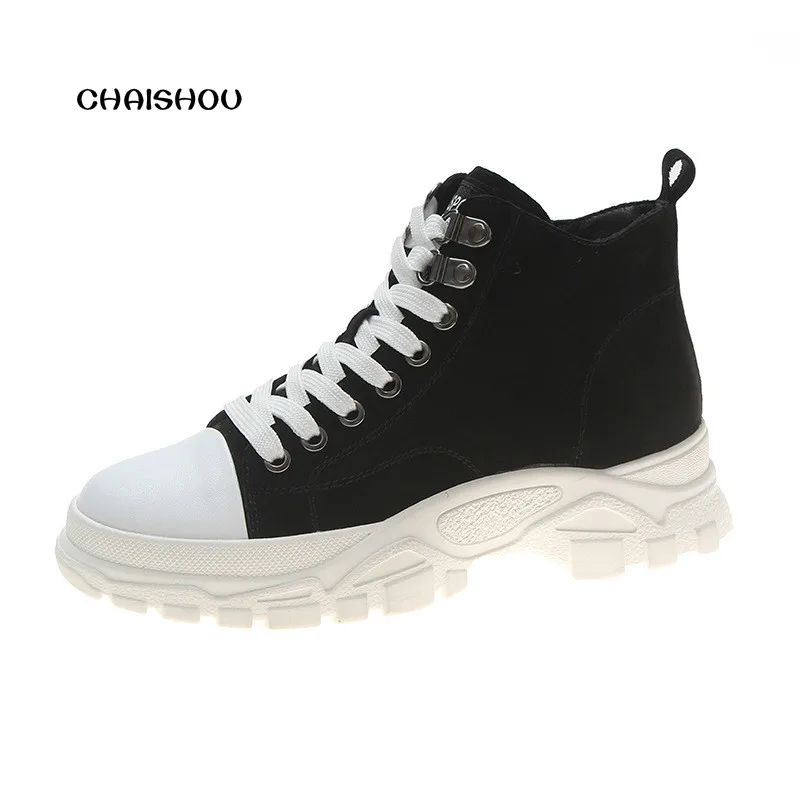 

CHAISHOU Women Ankle Boots lace-up chunky low heels booties Genuine Leather Casual Ladies shoes Motorcycle Boots platform boots