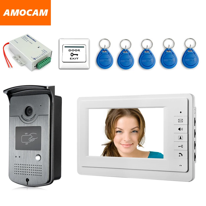 

7" Screen Video DoorPhone Doorbell Intercoms ystem night vision waterproof Camera + Power Supply+Door Exit+ RFID Keyfobs unlock