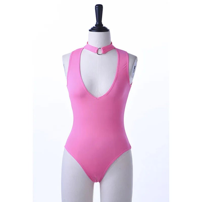 

Women Sleeveless Plunge Sheer Jumpsuit Crotchless Bodysuit Sexy Babydoll Teddy One Piece Lingerie Erotic Open Crotch Ring Neck
