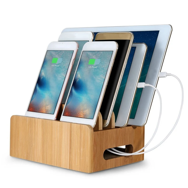 Bamboo Multifunction Mobile Phone Holder Multi Device Cords Organizer