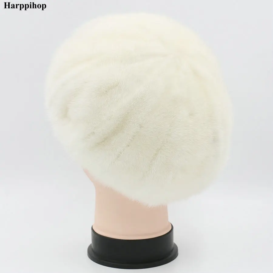 Harppihop шапка из натурального меха норки для женщин, модная теплая однотонная шапка из - Цвет: Слоновая кость