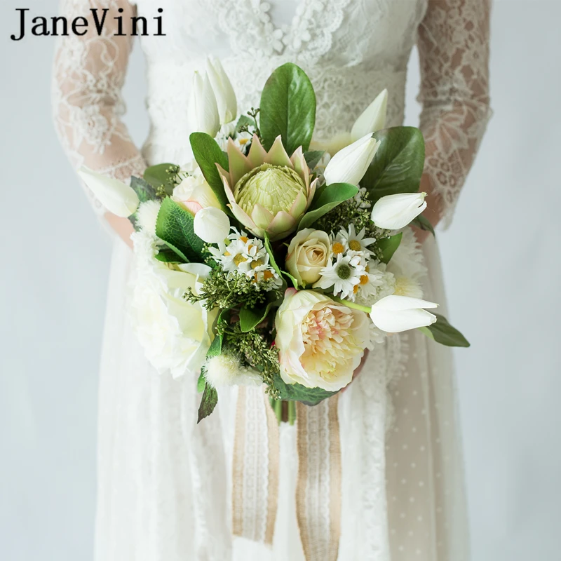 JaneVini Vintage Bridal Flowers Wedding Bouquets Lace Handle Brides Country Style Fake Bouquet Artificial Roses Bouquet De Fleur