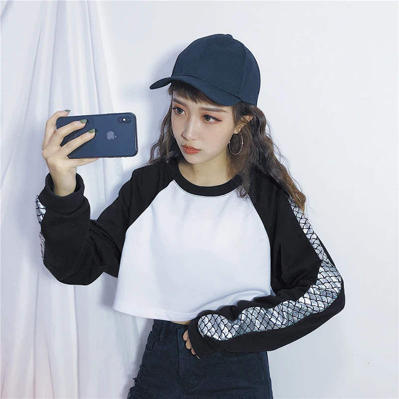 Harajuku Hit Color t-shirt mujeres 2018 manga larga Patchwork Crop Top camiseta mujeres Tops ulzzang Punk camisetas mujer