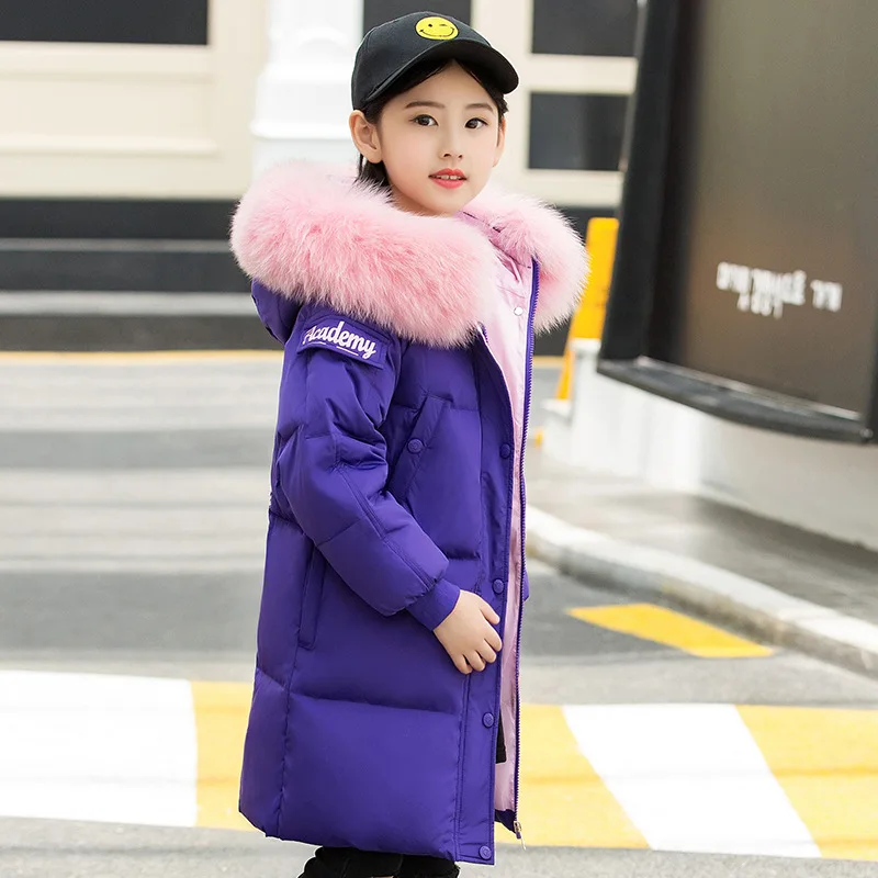 Новые зимние пуховые куртки для мальчиков и девочек длинные пуховые пальто для маленьких детей Толстая теплая куртка на утином пуху детская верхняя одежда-30 градусов - Цвет: purple