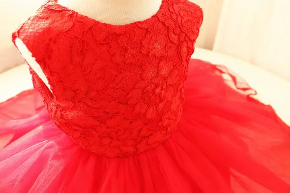 Hot Red flower girl dresses Baby tulle Tutu 1st Birthday tiered with bow Newborn princess Pageant Dress