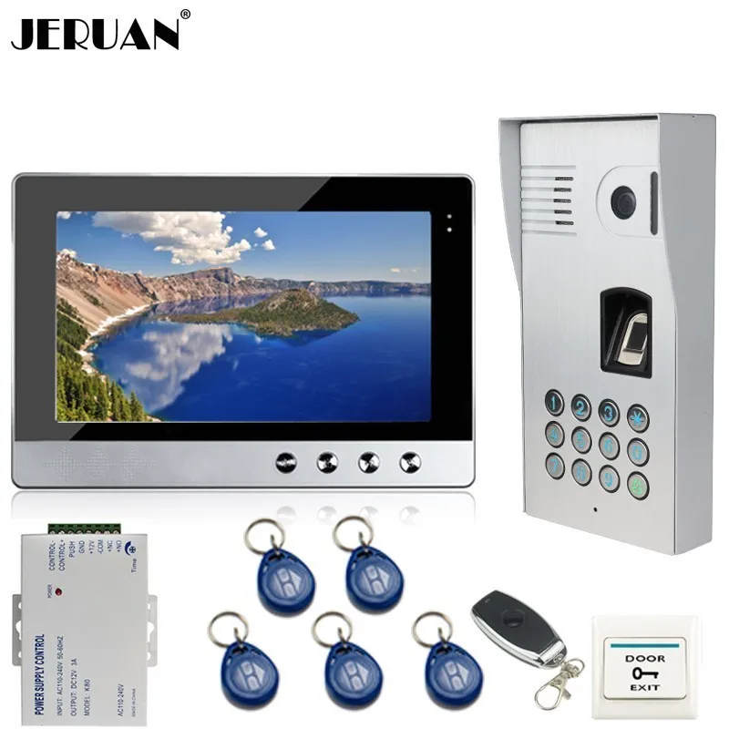 JERUAN 10 Inch Color LCD Video Door Phone Doorbell Intercom System kit Metal Fingerprint Code Keypad RFID 120 Degree Camera