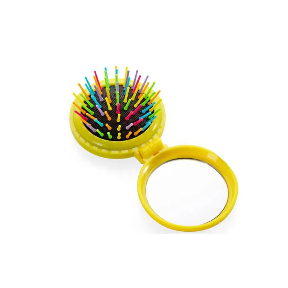 

Portable Folding Hair Plastic Comb With Mirror Anti-static Curly Brush Mini Rainbow Airbag Massage Round Travel Makeup Comb 1p