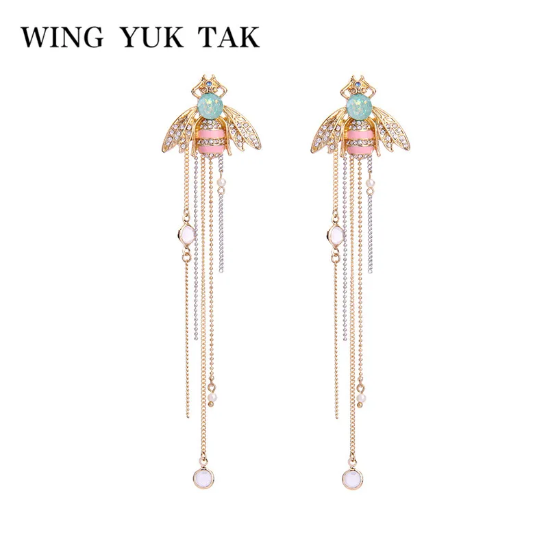 

wing yuk tak Trendy Crystal Insect Bee Earrings Romantic Long Tassel Stud Earrings For Women Brand Jewelry Wholesale