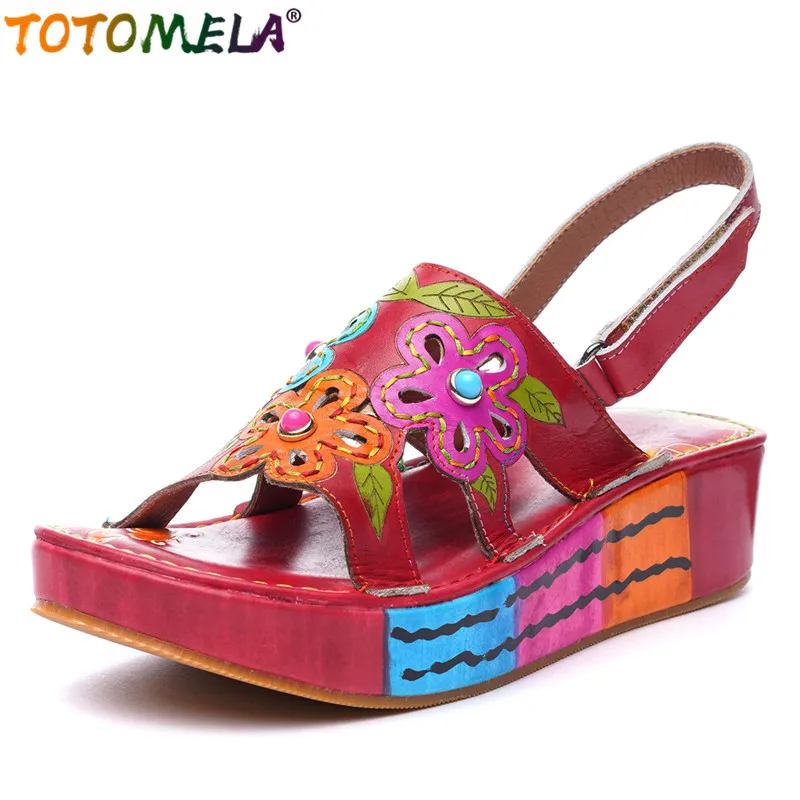 

TOTOMELA Genuine leather women sandals ethnic flower cut outs platform shoes mixed color back strap ladies summer shoes female