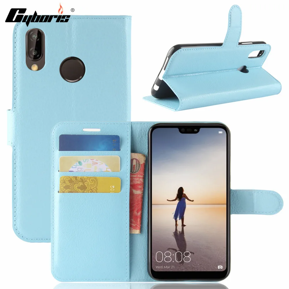 

Cyboris cover for huawei P20 Lite case cover Lichee Flip Holster PU Leather cover case with card slot holders stand function