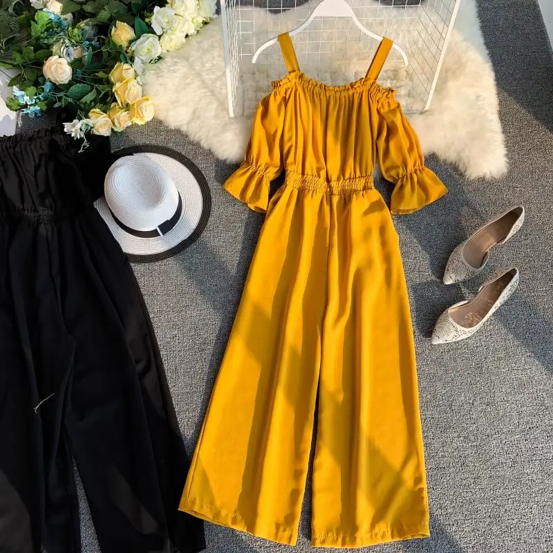 

Spring summer women's solid color high waist Jumpsuits & Rompers female off shoulder wide leg casual jumpsuits R1098