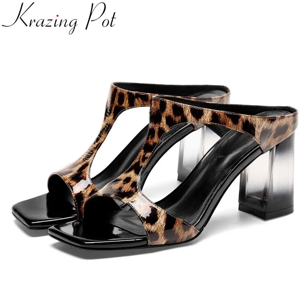 

Krazing pot leopard genuine leather peep square toe women sandals thick high heels sexy girls mules queen dinner party shoes L31