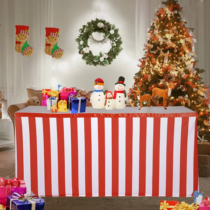 European Red White Striped Christmas Table Skirt Festive Birthday