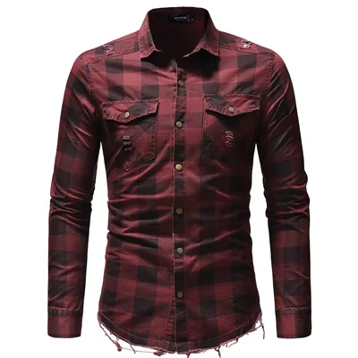 Новинка осени, модные повседневные мужские рубашки с длинным рукавом, клетчатая приталенная Мужская рубашка, высокое качество, хлопковая джинсовая рубашка, мужская одежда - Цвет: Красный