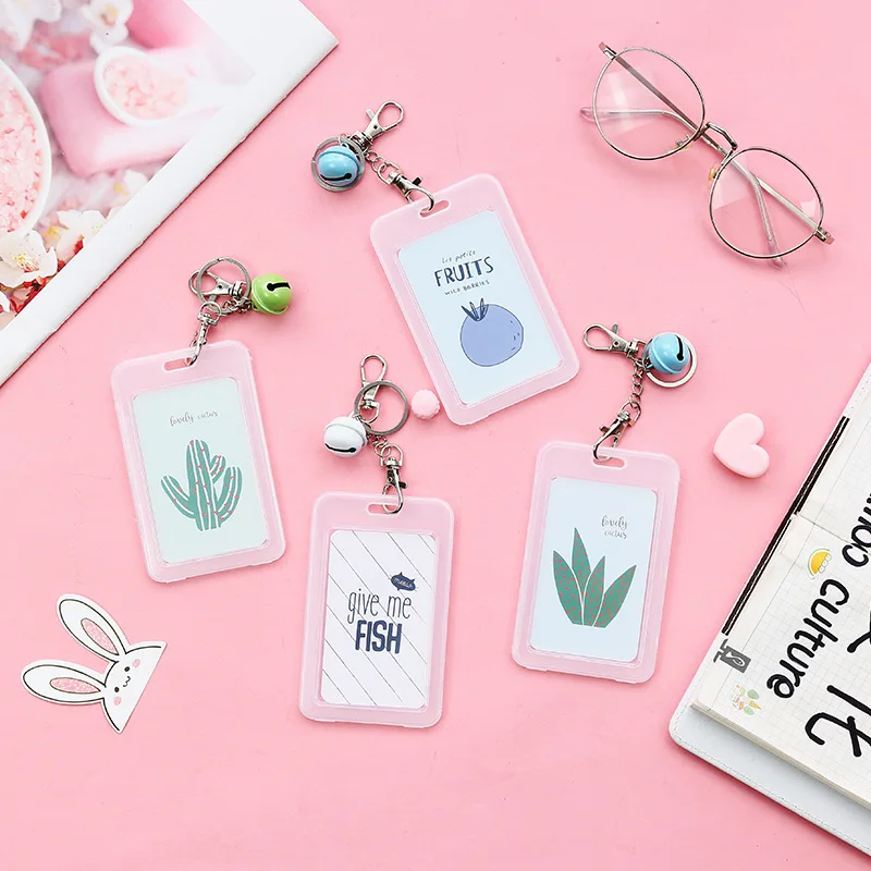 

1PCs Kawaii Fruit Credit Card Holders Transparent Bus Card Cover For Student Kids Bell Keychain Creative Campus Cute Meal Cards
