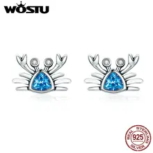 WOSTU чистый 925 пробы Серебряный Очаровательный Краб серьги гвоздики для женщин голубой кубический циркон камень уникальный S925 ювелирные изделия подарок для девушек CQE413