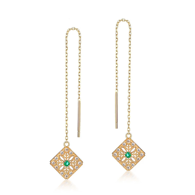

14k gold drop earrings with decorated white zircon and natural emerald for women 925 sterling silver geometric square