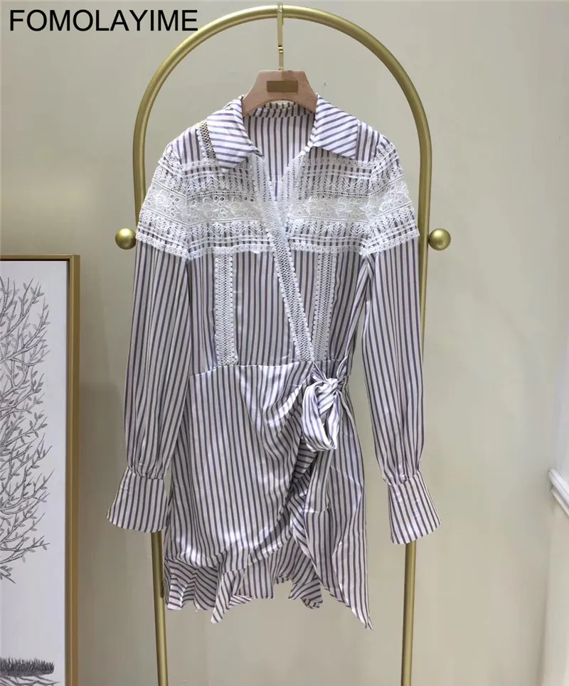 

Autumn Blouses Dress Women 2019 New Fashion Lace Patchwork Striped Autumn Blouse Dresses Vestidos