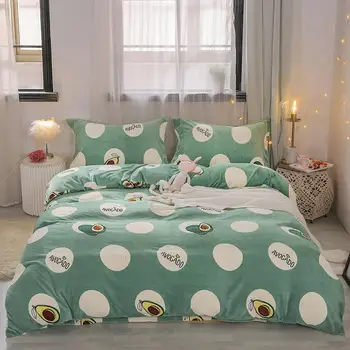

Milk velvet Bedding Set Avocado Bed Set luxury cyan-blue Thicken Duvet Cover Set Bed Sheet Pillowcases Queen King size bed