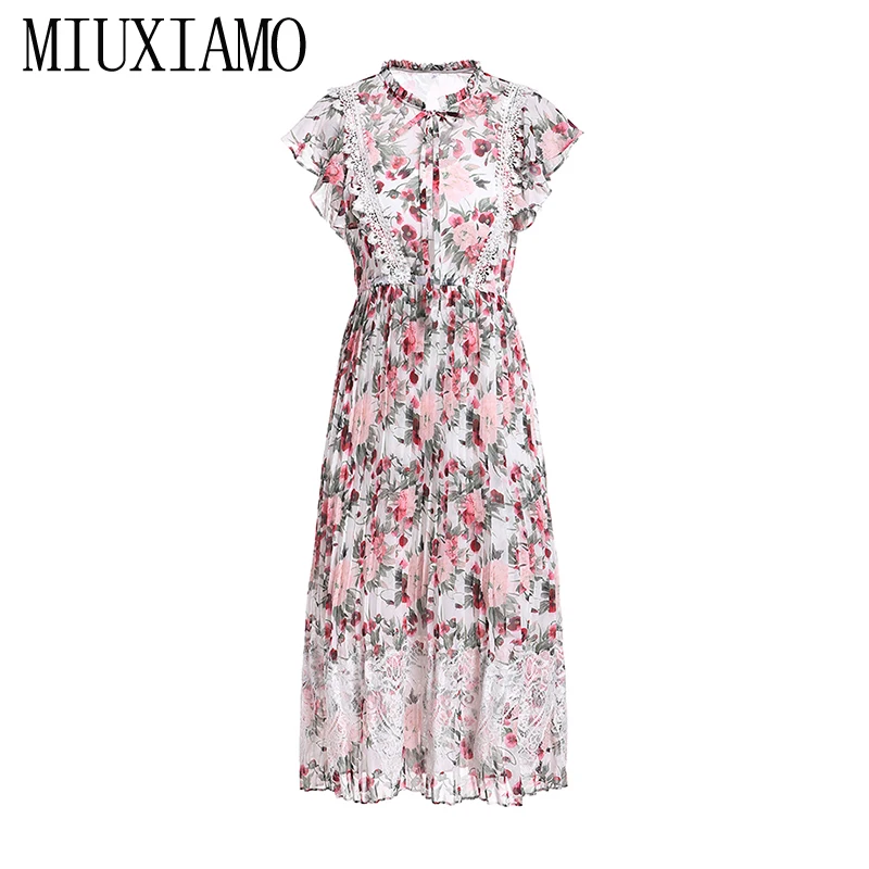 

MIUXIMAO 2019 Runway design Newest Spring & Summer Fashion O-Neck Flower Print Elegant Lace casual Long Dress Women vestidos