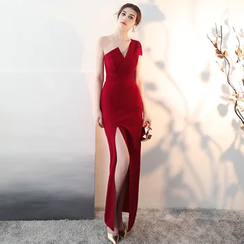 

Burgundy Asian Bride Wedding Party Dress Female Toast Clothes Sexy High Spllit Evening Dresses Long Vestidos Formal Prom Gown