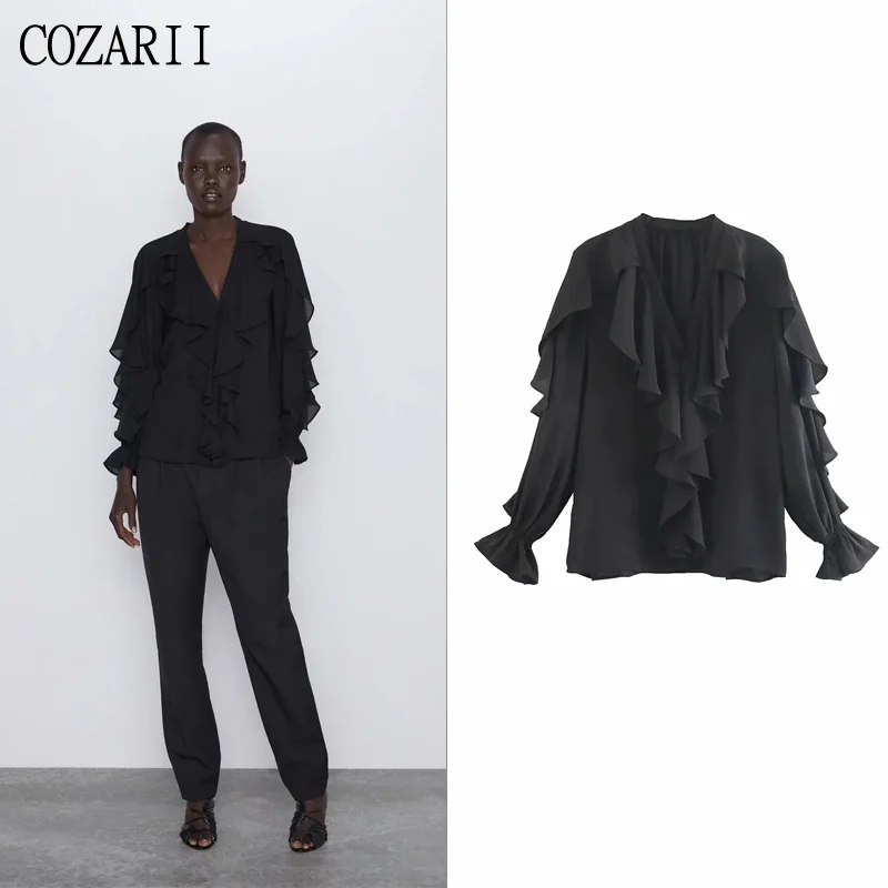 

COZARII blusas mujer de moda 2019 casual style solid V-Neck ruffles nine quarter sleeve kimono blouse womens tops and blouses