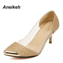 Aneikeh/женские туфли-лодочки высококачественные модные туфли-лодочки из pu искусственной кожи на тонком высоком каблуке обувь золотистого и серебристого цвета женская обувь; большие размеры 35-40; 158-1