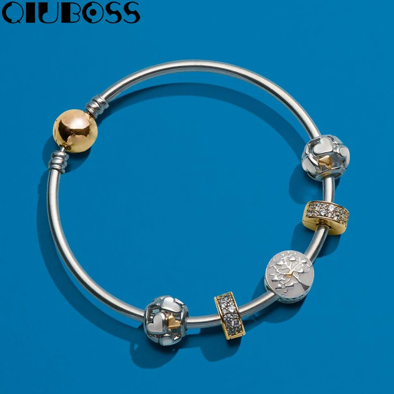 

QIUBOSS S925 Silver Golden brilliant, dazzling Set Bracelet Fit DIY Original jewelry 925 sterling silver woman Bracelets