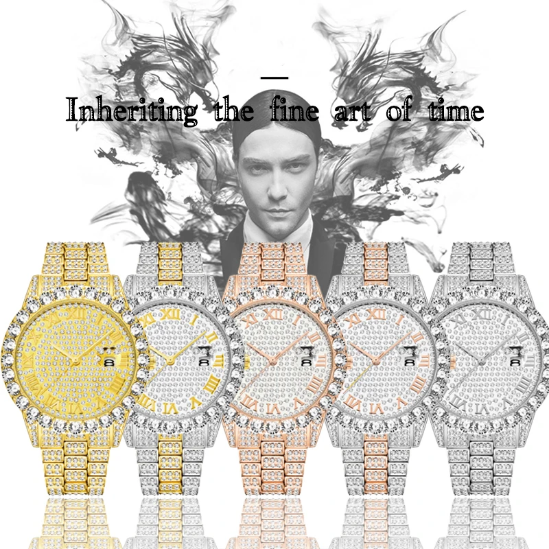 Мужские часы топ продаж Роскошные Аналоговые брендовые золотые модные мужские часы Мужские Женева большие бриллианты браслет роскошные часы для мужчин