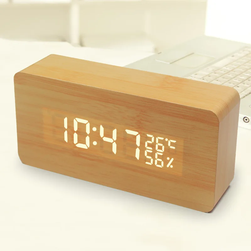  Led Bed Small Alarm Clock Lazy Alarm Clock Creative Gift Wooden Voice-Activated LED Electronic C Mi