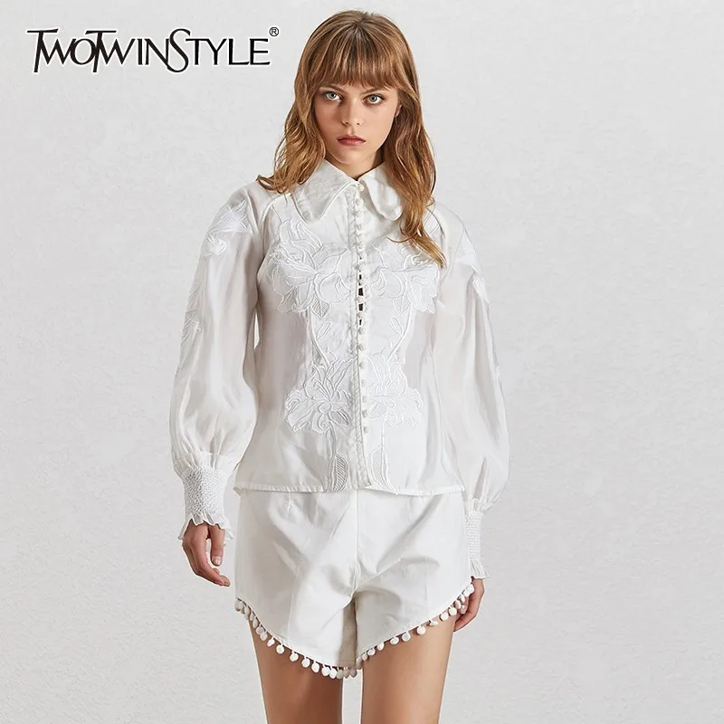 

TWOTWINSTYLE Summer Embroidery Patchwork Women Two Piece Set Lapel Lantern Sleeve Shirt High Waist Slim Shorts Female Suit 2019