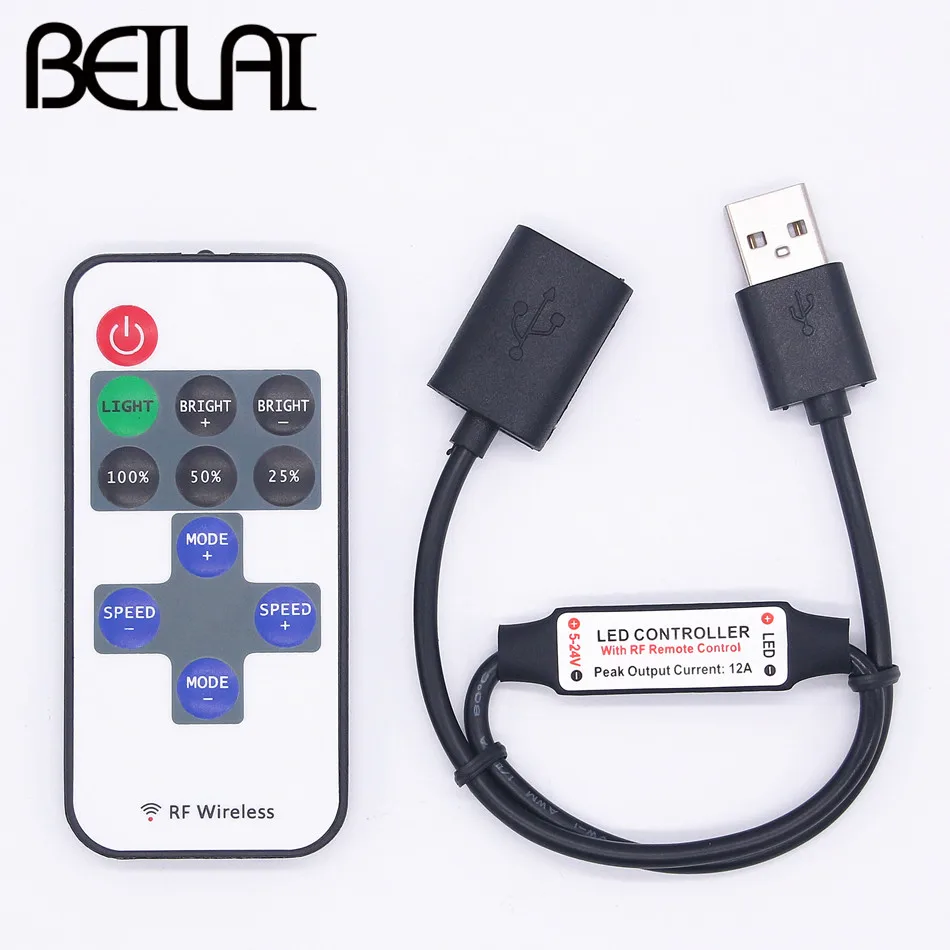 BEILAI мини USB 5 В РЧ Беспроводной светодиодный пульт дистанционного управления Диммер пульт дистанционного управления для USB светодиодный шнур и одноцветная Светодиодная лента 5050 2835 5630