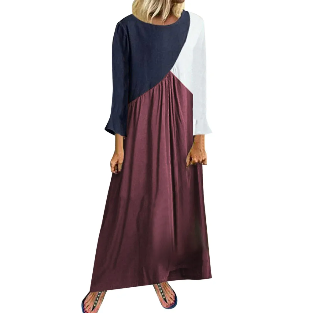 autumn dress Women 2019 NEW Coloured maxi dress Sleeve Simulated Hemp Autumn Winter plus size dress vestidos robe femme Q60