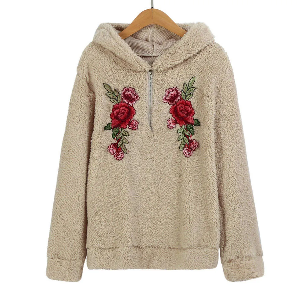Fashion Womens Sweartshirt Long Sleeve Rose Applique Embroidery Zipper