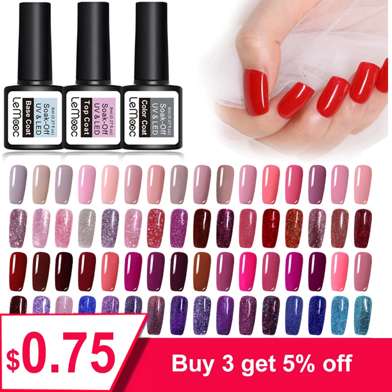 

LEMOOC 8ML Nail Glitter Gel Polish Soak Off Nail Art Led Nail Gel Varnish Semi Permanent UV Nail Polish Lacquer 229 Colors