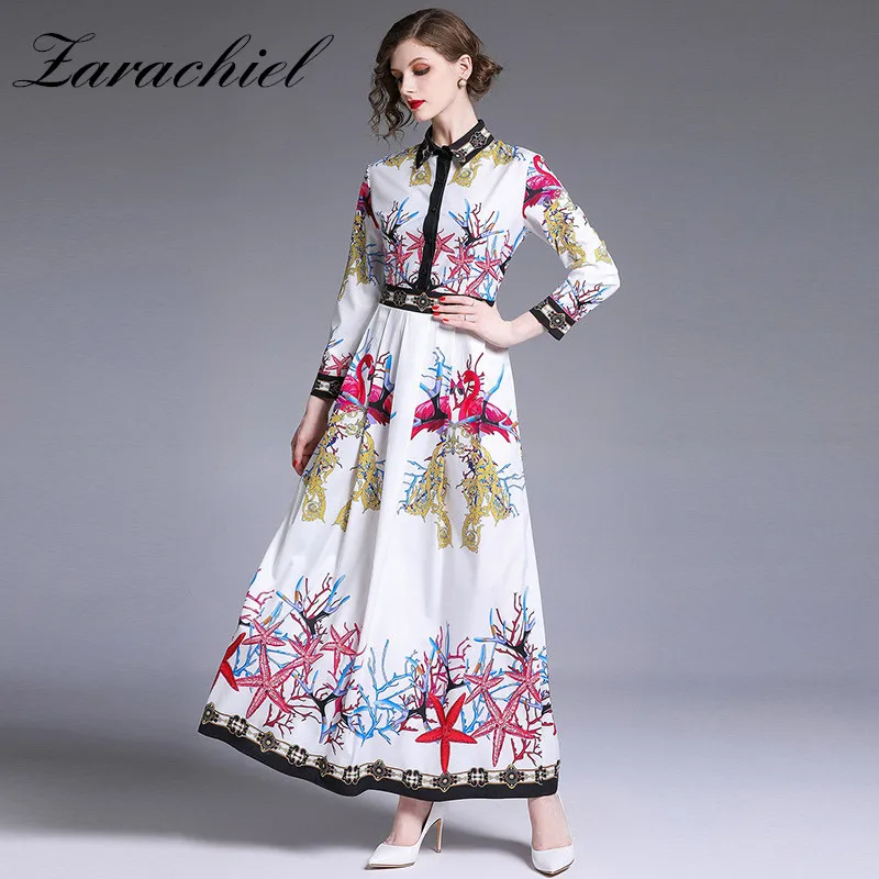 

2019 Autumn Women's Runway Boho Flower Wrist Sleeve Vintage Pattern Print Dress Brand Button Maxi Long Party Shirt Dresses