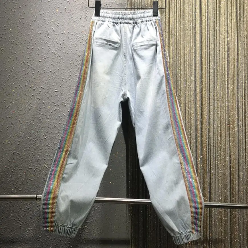 Цветные стразы джинсы с бусинами женские летние новые эластичные с высокой талией по щиколотку шаровары