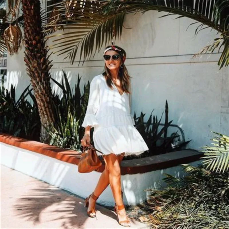 

Stylish Women dress summer Long Sleeve Ladies V-neck Geometry Casual Loose Polyester Dresses one pieces