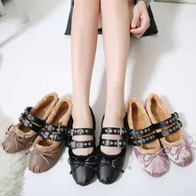 women winter shoes women Shoes ballet flats 2016 Round toe Warm Plush Buckle Lace Up Flat Bow Casual Women’s loafers Pink Black