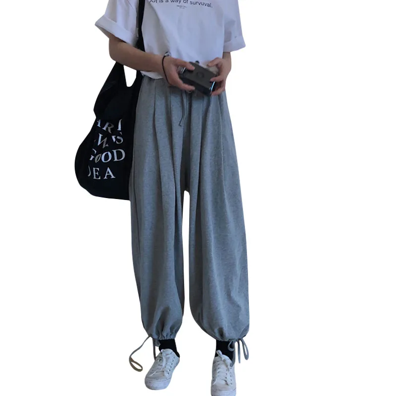 

Drawstring High Waist Loose Straight Cotton Jogger Tie Hem Bloom Pant Women Grey Black Workout Fitness Sweatpant Summer Trousers