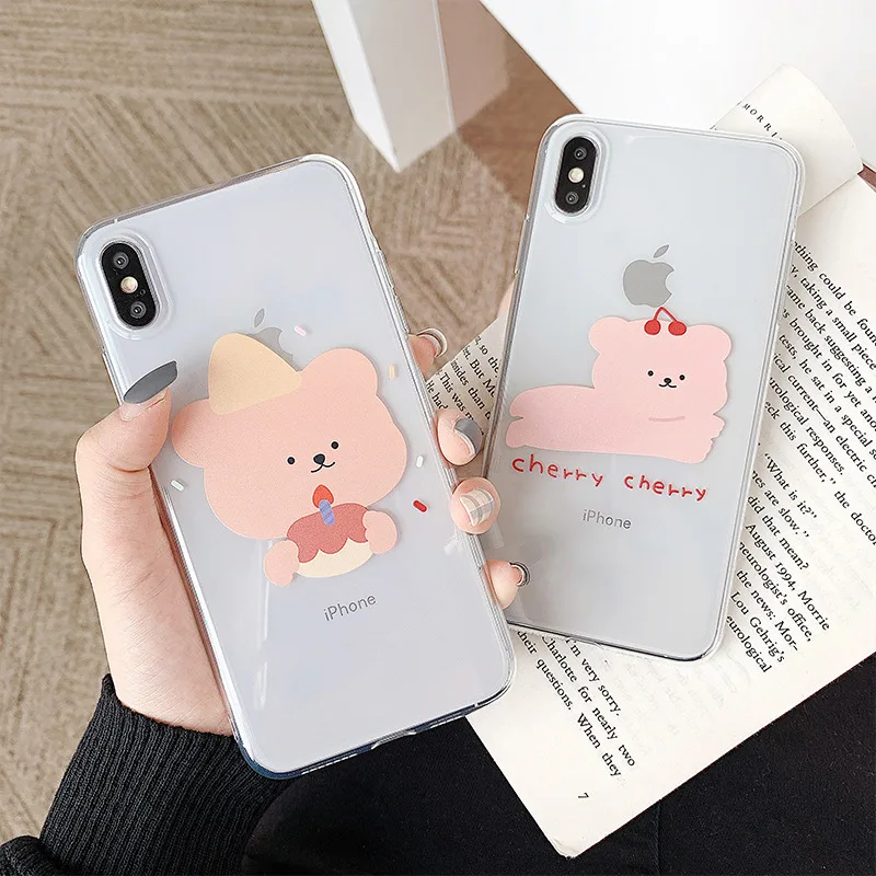 

Red cherry cute bear transparent case for coque iphone 6 6s 8 7 plus x xs xr xsmax clear Cookie bear soft cover for iphone cases