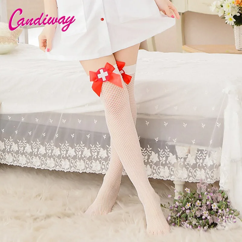 Candiway Amazing Fashion Sexy Women Lace Mesh Thin Thigh High Stockings White Nurse Pantyhose