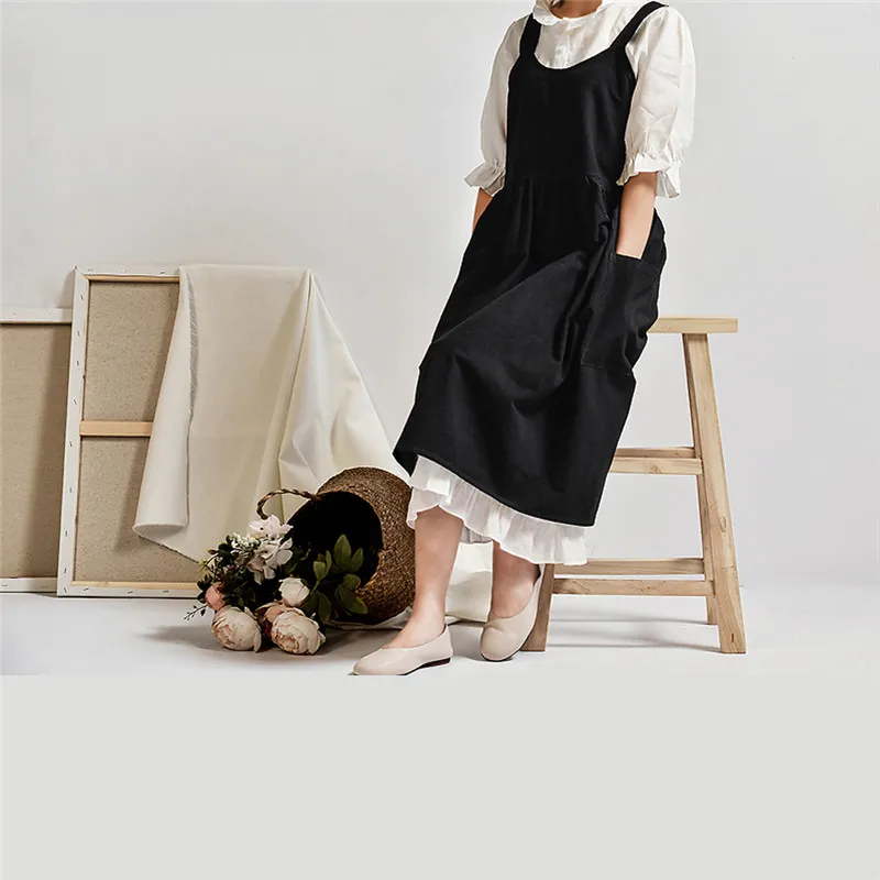 Women Cotton Linen Bib Apron Sleeveless Pinafore Home Cooking Florist Dress Household Cleaning Tools